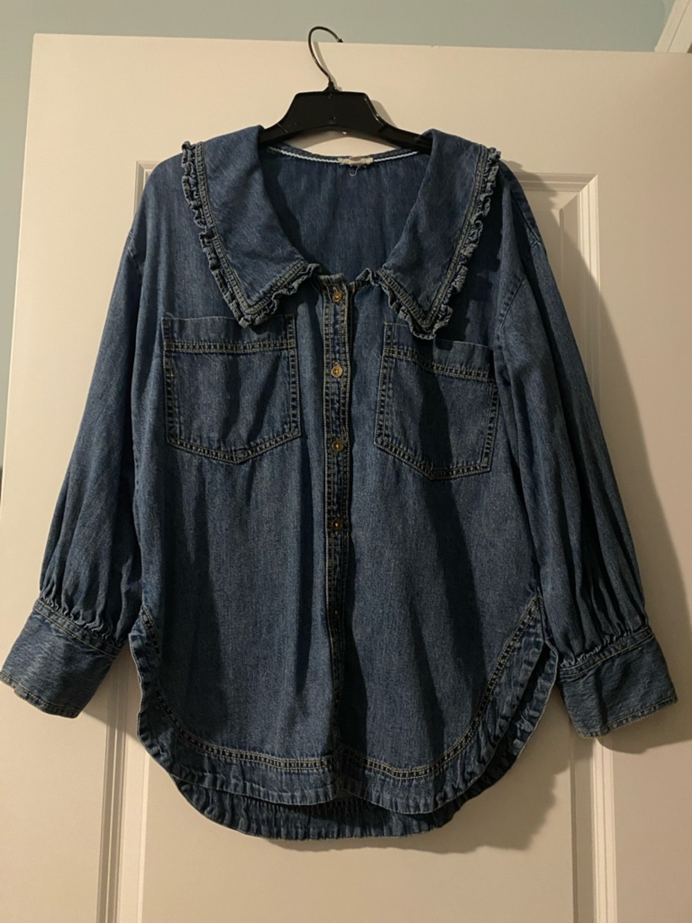 Anthropologie Pilcro Denim Ruffle collar Button-Up Shirt